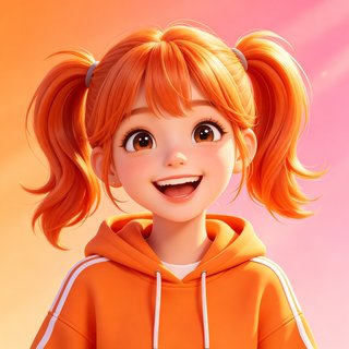 风月ai 人设-元气少女，橙色双马尾开朗笑容3D卡通头像